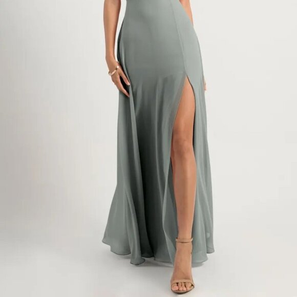 NEW Jenny Yoo Bryce Chiffon Backless Maxi Dress in Moss - Picture 3 of 9